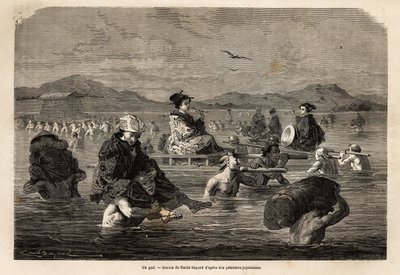 Průjezd gue s představením způsobů přepravy cestujících a zavazadel. Rytina pro ilustraci plavby do Japonska v letech 1863-1864 od Aime Humberta, ministra Švýcarské konfederace, v „“Le tour du monde, nouveau journal des voyages““ od Unknown artist