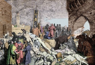 Mor v roce 1348 ve Florencii (Itálie). Vlevo dole, s věncem Lauriera, Petrarca, italského básníka a humanisty renesance, rozhovory s dalšími lidmi. od Unknown artist