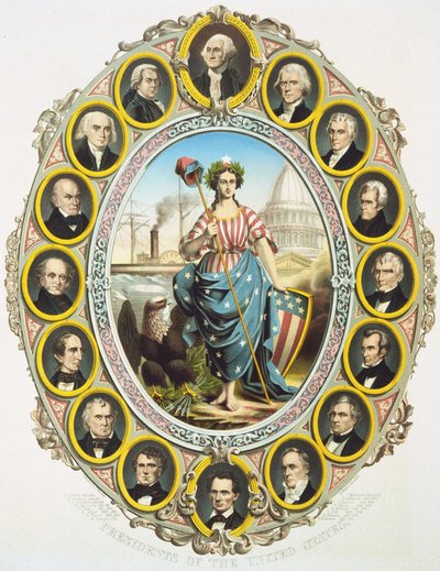 Prezidenti Spojených států se symbolem Ameriky uprostřed. Nahoru, Washington a dolů Abraham Lincoln. Plakát vydaný při inauguraci Lincolnova prezidentství v roce 1861. Rytina 1861. od Unknown artist