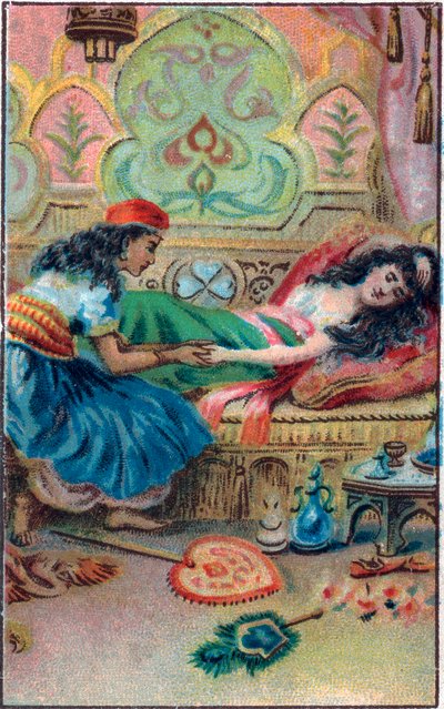 Fakta o princezně. Příběh „Příběh o začarovaném koni““ v „Tisíc a jedna noc“ (1001 nocí nebo Le mille e una notte, Arabské noci). Chromolitografie konce 19. století. od Unknown artist