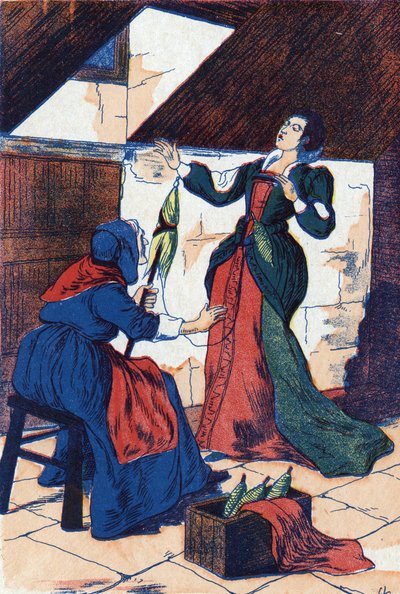 Princezna si propíchne ruku a usne. Anonymní ilustrace k „La belle au bois dormant“, příběh Charlese Perraulta (1628-1703), francouzského spisovatele. Snímky Marcel Vagne, Jarville Nancy, nedatováno (konec 19. století). od Unknown artist