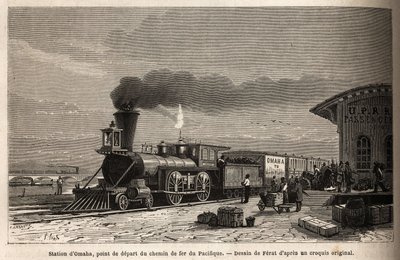 Železnice má stanici Omaha (Nebraska), výchozí bod linek vedoucích do Pacifiku. Rytina pro ilustraci cesty na americký dálný západ, od M. L. Simonina, v roce 1867, publikovaná v „Le tour du monde, nouveau journal des voyages“, vyd. od Unknown artist