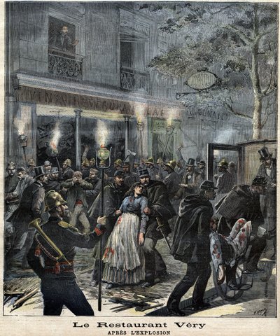 Restaurace Very (24 Boulevard Magenta v Paříži) po výbuchu způsobeném útokem anarchisty Francoise Koenigsteina dit Ravacola (1859 - 1892) dne 30. března 1892. V „“ The Petity Journal“ od Unknown artist
