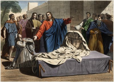 Vzkříšení syna vdovy z Nainu: Ježíš Kristus křísí jediného syna vdovy. Rytina z poloviny 19. století. od Unknown artist