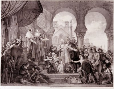 Návrat Kryštofa Kolumba do Španělska před krále Ferdinanda II. Aragonského a Isabellu 1. Kastilskou (nazývanou katolička) po objevení Ameriky. Rytina 19. století. od Unknown artist
