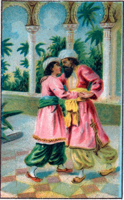Návrat prince. Příběh „Příběh o začarovaném koni“““ v „“Tisíc a jedna noc“““ (1001 nocí nebo Le mille e una notte, Arabské noci). Chromolitografie konce 19. století. od Unknown artist