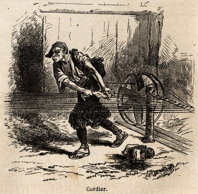 Výrobce provazů. Rytina k ilustraci plavby do Japonska v letech 1863-1864 od Aime Humberta, ministra Švýcarské konfederace, v „Le tour du monde, nouveau journal des voyages“, vydaném pod vedením Edouarda Chartona od Unknown artist