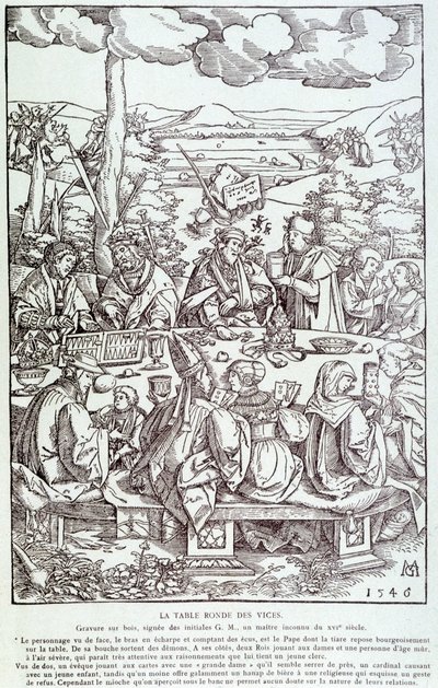 Kulatý stůl neřestí: hra, chamtivost, chtíč, pýcha... - Rytina 1546 od Unknown artist