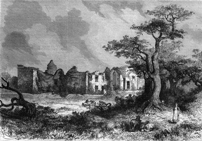Ruiny zámku de la Mailleraye poblíž Parthenay, departementu Deux-Sevres (Deux Sevres) regionu Poitou-Charentes (Poitou Charentes). Gravírování v „“The Illustrious Universe”” od Unknown artist