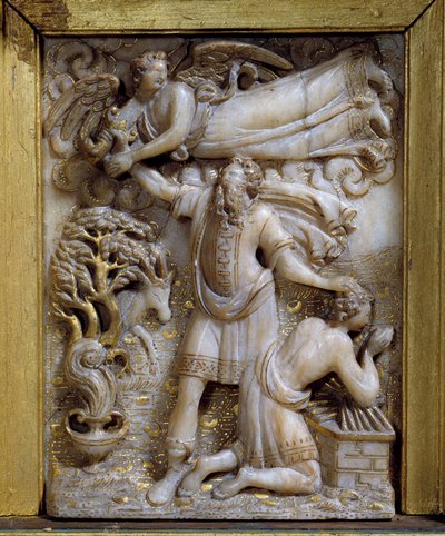 Oběť anděla Abrahama se zjevuje Abrahamovi, aby mu řekl, aby neobětoval svého syna Izáka. Nízký reliéf v medailonu ze slonoviny. 15. století. Musee Vivenel, Compiegne od Unknown artist