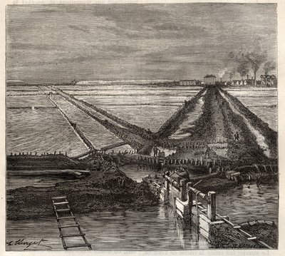 Solná bažina Giraud v Camargue (Bouches-du-Rhone), pohled ze servisního kanálu - rytina v „Les Merveilles de l