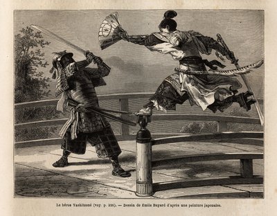 Samuraj Yashitsune v rovnováze na bariérě mostu zaútočí na samuraje v brnění. Rytina pro ilustraci plavby do Japonska v letech 1863-1864 od Aime Humberta, ministra Švýcarské konfederace, v „“Le tour du monde, nouveau journal des voyages““ od Unknown artist