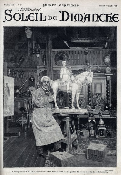 Sochař Jean Leon (Jean-Leon) Gerome (1824-1904) dokončuje ve svém ateliéru model sochy vévody z Aumale - rytina v „“Le sun-du-dimanche“, 15. října od Unknown artist