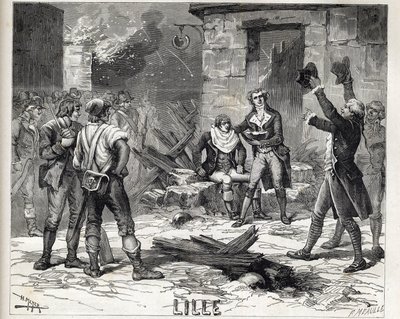 Miska na holení z Lille. Epizoda z obležení Lille v roce 1792 během francouzských revolučních válek - Siege de Lille v roce 1792: paruka Maes, která používala střepinu bomby jako misku na vousy k holení klienta - od Unknown artist