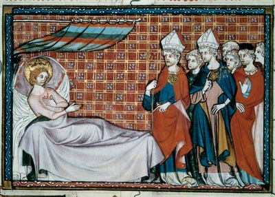 Nemocný francouzský král Saint Louis (Ludvík IX.) (1214-1270) oslovuje své příbuzné a duchovenstvo. Miniatura z rukopisu „Život a zázraky Saint Louis“ od Viléma ze Saint Pathus od Unknown artist