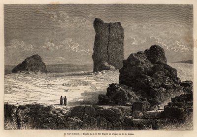 Ruiny Birs Nimroud s výkladní skříní, které tehdejší turistická komunita Bagdádu (Irák) označila za mýtickou babylonskou věž. Engravure pour illustrrer le voyage dans la Babylon, en 1866, Guillaume Lejean, v „Le tour du monde, nouveau j od Unknown artist