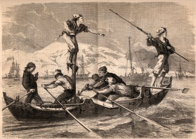 Lov mečouna harpunou (pesce spada, mečoun) na pobřeží Sicílie v Itálii v roce 1862. Rytina v „Le Monde illustrious““ z roku 1862. Soukromá sbírka. od Unknown artist
