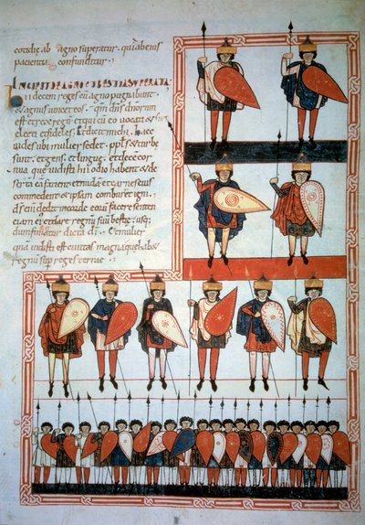 Deset králů apokalypsy, zbraně kopí a štítů se svými vojáky. Miniatura v „“ Beatus de Liebana, komentář k apokalypse““ (Folio 193), Stephanus Garcia od Unknown artist