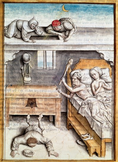 Zloděj, který se vloupal do domu, je potrestán Miniaturou z německého překladu bajek „Kalila (Calila) a Dimna“ od Bidpaie. (ms. 1389, fol. 4) kolem 1480 Chantilly, muzeum Conde od Unknown artist