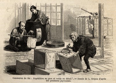 Obchod s čajem: velkoobchodní a maloobchodní doprava. Rytina k ilustraci plavby do Japonska od Aime Humberta, ministra Švýcarské konfederace, v letech 1863-1864, publikovaná v „“Le tour du monde“““ 1869, editoval Edouard Charton, vydání Hachette, Par od Unknown artist