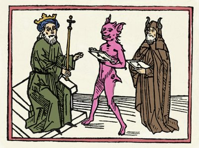 Proces s Belialem: „Démon Belial předkládá své pověřovací listiny soudci Solomonovi“ „Rytina z „Soudu s Belialem““ od Jacobuse de Teramo (nebo Palladino), Ausburg od Unknown artist