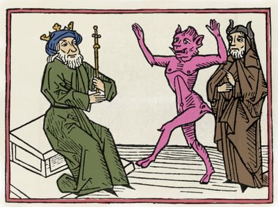 Proces s Belialem: „“Démon Belial tančí před soudcem Solomonem“““ Rytina z „Procesu s Belialem““ od Jacobuse de Teramo (nebo Palladino), Ausburg od Unknown artist