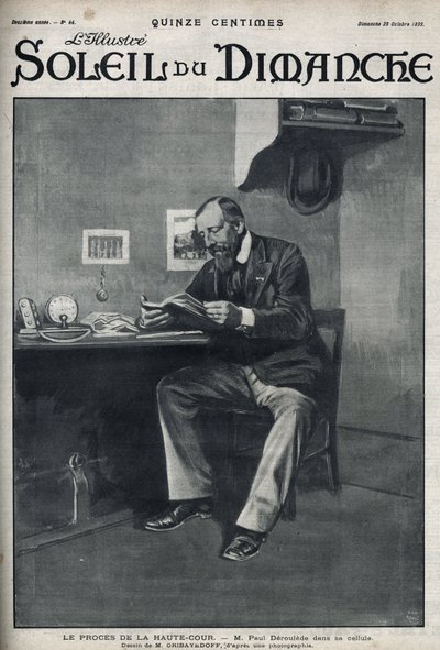 Proces u Nejvyššího soudu: pan Paul Deroulede (1846-1914), francouzský spisovatel a nacionalistický aktivista, který je důležitým aktérem v antidreyfusismu, ve své cele po jeho pokusu o státní převrat 23. února. Rytina v „“Le sun-du-dimanche“, 29. října od Unknown artist