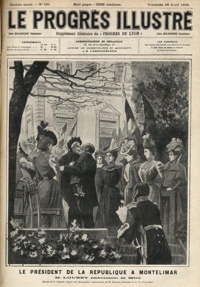 Cesta prezidenta republiky do Montelimaru (Drome, Francie): Emile Loubet (1838-1929) a jeho matka. Rytina v „The Ilustrious progress““ z dubna 1899. od Unknown artist