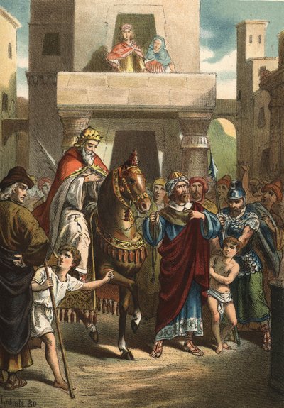 Triumf Mardochee (nebo Mordechaie nebo Mordecai), biblická postava (Život 5. století př. n. l.). v „“El Culto de la Hermosura““ od Juana Justa Hugueta, editori Molinas Hermanos od Unknown artist