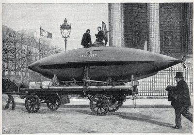 Podvodní člun (ponorka) „“Le Goubet“, přepravující se na experimenty, míjí Place de la Madeleine v Paříži. Gravírování do ""La Nature"" od Unknown artist