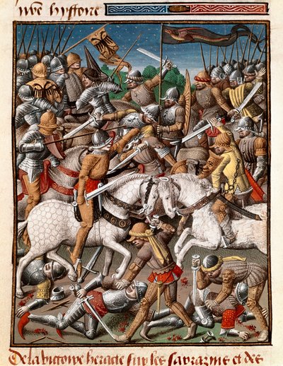 Vítězství byzantského císaře Herakleia (Herakleios (asi 575–641) nad miniaturou sarrazinů v „“Le miroir historial““ (Speculum Historiale) (ms. 1196 fol. 65 v.) od Vincenta de Beauvais (1190-1264) do francouzštiny přeložil Jean de Vignay od Unknown artist