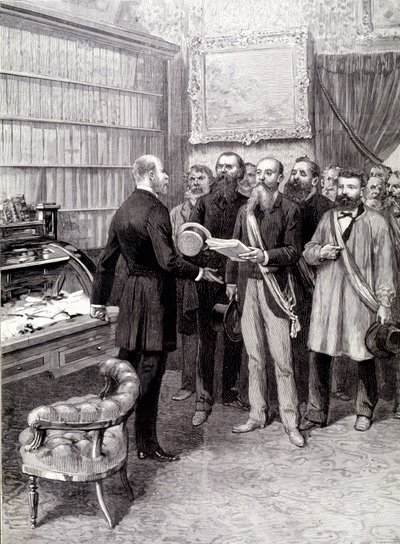 Návštěva dělnických delegátů v Palais Bourbon (Jules Guesde, pan Ferroul, pan Baudin a pan Thivrier) u generálního tajemníka předsednictví: pana Martina během demonstrace 1. května od Unknown artist