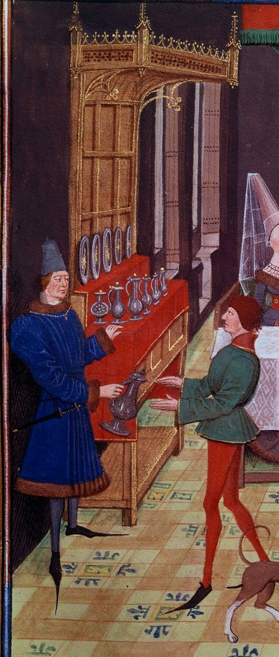 Svatební hostina Clarisse, dcery krále Yvona z Gaskoňska a Renauda Detaila zastupujícího služebnictvo přinášející víno. Miniatura z rukopisu „Renaud de Montauban“ nebo „Les quatre fils Aymon“ od Loyseta Liedeta (aktivní mezi 1448 a 1478). Slečna. od Unknown artist
