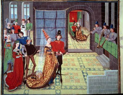 Svatba Renauda a Clarisse, v pozadí o svatební noci. Miniatura z rukopisu „Renaud de Montauban“ nebo „Les quatre fils Aymon“ od Loyseta Liedeta (aktivní mezi 1448 a 1478). Paní 5073. Bibliotheque de l