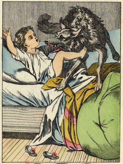 Vlk bije Červenou Karkulku. Ilustrace pohádky „Červená karkulka“ od Charlese Perraulta od Unknown artist