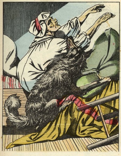 Vlk bije babičku Červené Karkulky. Ilustrace pohádky „Červená karkulka“ od Charlese Perraulta od Unknown artist