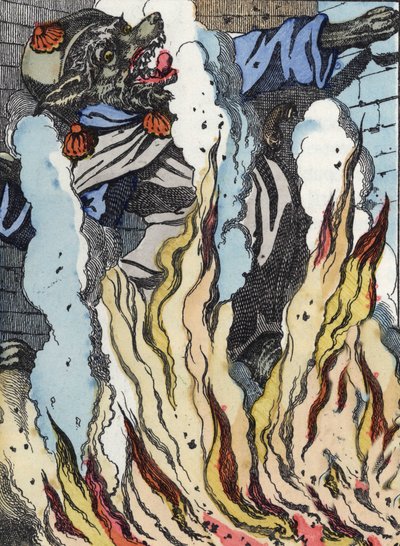 Vlk padá do ohně komína. Ilustrace příběhu „Compere le Loup, Maitre Renard, Comere la Chevre et ses petits biquets““ podle bajky Jean de la Fontaine. V „“ Pohádky z domova pro nejmenší““. Anonymní rytina tl od Unknown artist