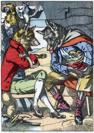Vlk se znovu setkává s liškou. Ilustrace příběhu „Compere le Loup, Maitre Renard, Comere la Chevre et ses petits biquets““ podle bajky Jean de la Fontaine. V „“ Pohádky z domova pro nejmenší““. Anonymní rytina 19. století. od Unknown artist
