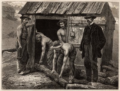 Dřevaři z dolu Montchanin je házeli do nakloněné studny; v kostýmu na manévry dohlíží hlavní inženýr dolu. Rytina pro ilustraci plavby na Creusot a doly Saone a Loire v roce 1865 od L. Simonina v „“ Le od Unknown artist