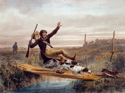 Špatný krok. Lovec spadne z malého můstku, strčí ho psi běžící na zajíce. Rytina 19. století. Gien, Lovecké muzeum od Unknown artist