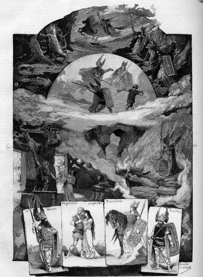 Divadelní kus „Die Walkure““ (Valkýra), drama Richarda Wagnera (1813-1883) představuje v Théâtre de la Monnaie v Bruselu. Gravírování v ""Ilustrativním světě"" od Unknown artist