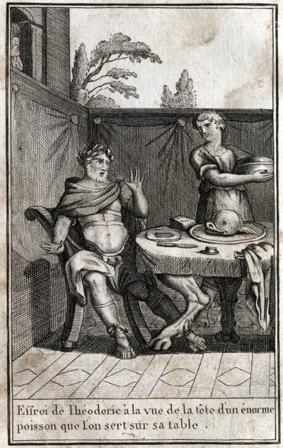 Theodorich Veliký (asi 454/455-526), král Gótů, je vyděšen při pohledu na hlavu obrovské ryby sloužící na jeho stole. Rytina v „Beaute de l