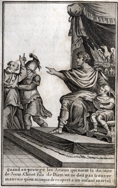 Theodosius I. (Flavius Theodosius) (347-395), římský císař, nechal zatknout Amphiloque, předchůdce Icone, za neúctu k jeho synovi Arcadiusovi (377-408). Eveque prohlašuje: „Když chráníme ariány, kteří popírají božství Ježíše Krista, syna Božího, musíme od Unknown artist