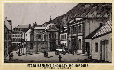 Termální zařízení Choussy a Bourboule v masivu Monts Dore, v departementu Puy-de-Dome v Auvergne. Chromolitografie konce 19. století. od Unknown artist