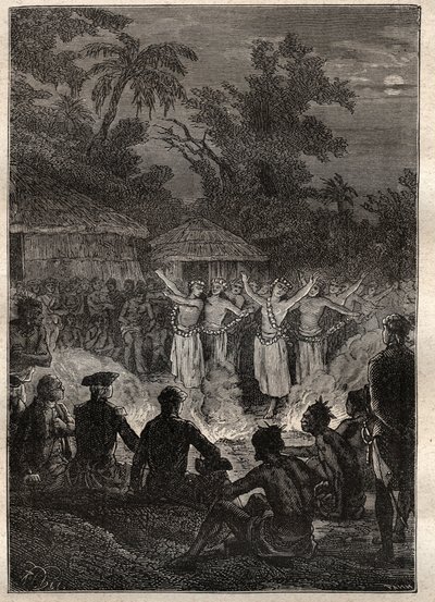 Třetí plavba (1776-1779) kapitána Jamese Cooka (1728-1779): hostina na ostrovech přátel (Království Tonga, Polynésie) - ilustrace převzata z „Velkých námořníků 18. století““ od Unknown artist