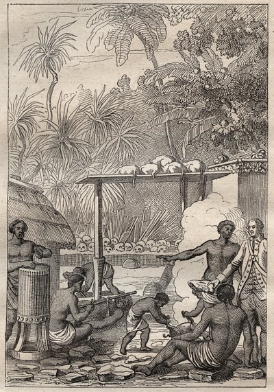 Třetí plavba (1776-1779) kapitána Jamese Cooka (1728-1779): lidská oběť na Tahiti - ilustrace převzata z „Velkých námořníků 18. století““ od Unknown artist