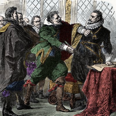Třicetiletá válka: Podepiš to, Nandele! - Třicetiletá válka (1618-1648): Hrabě Paul Jakob von Starhemberg (1560-1635) žádá císaře Ferdinanda II. (1578-1637), aby podepsal dohodu o obnovení míru v Boheme od Unknown artist
