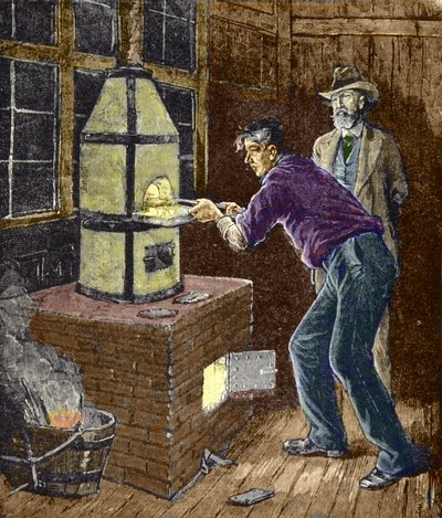 Thomas Edison experimentuje kolem roku 1879 s uhlíkovým papírem pro žárovku. od Unknown artist