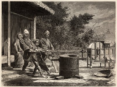 Tři rolníci obsluhující mlýn na rýži. Rytina k ilustraci plavby do Japonska v letech 1863-1864 od Aime Humberta, ministra Švýcarské konfederace, v „Le tour du monde, nouveau journal des voyages“, vydaném pod vedením Edouarda Chartona od Unknown artist