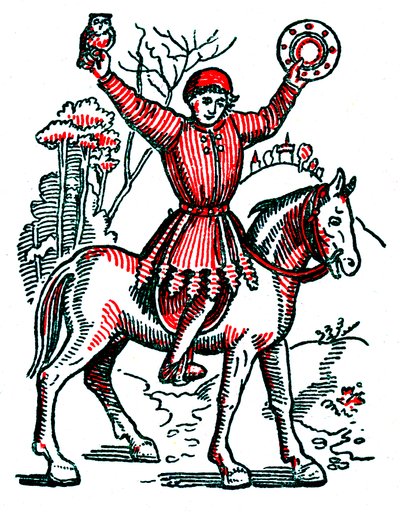 Dokud špeh nevyleze na koně a neoznačí své fetiše: sovu a zrcadlo (rytina). od Unknown Artist